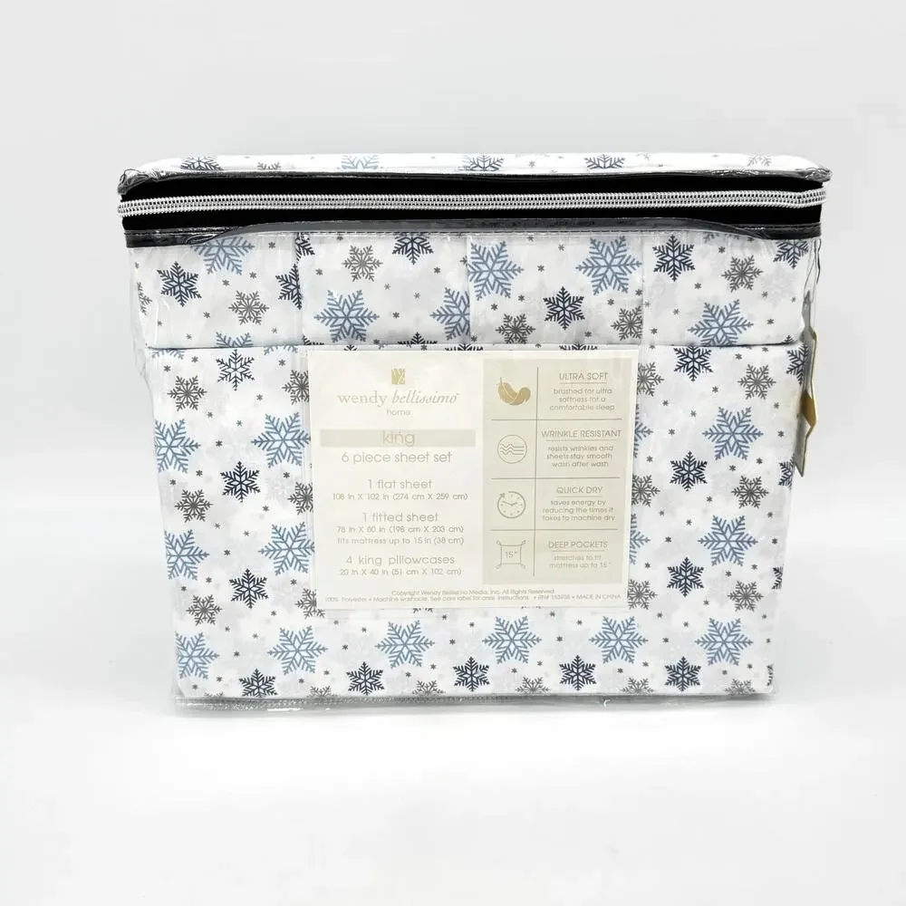 Wendy Bellissimo 6 pc KING Snowflake Winter Christmas Sheet Set Blue Snowflakes